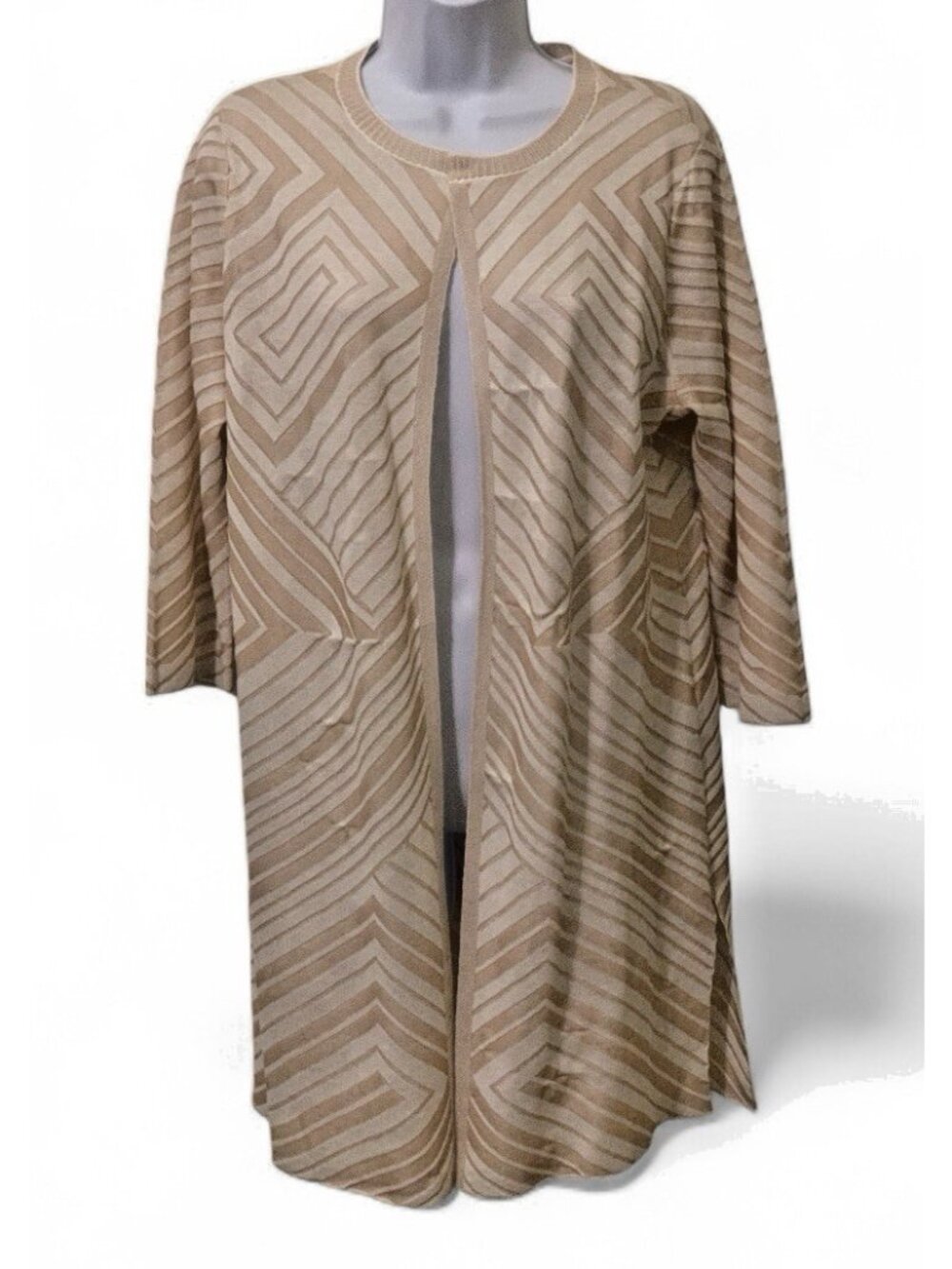 Sigrid Olsen Womens Open Cardigan Size M  Beige Geometric Design 3/4 Sleeve